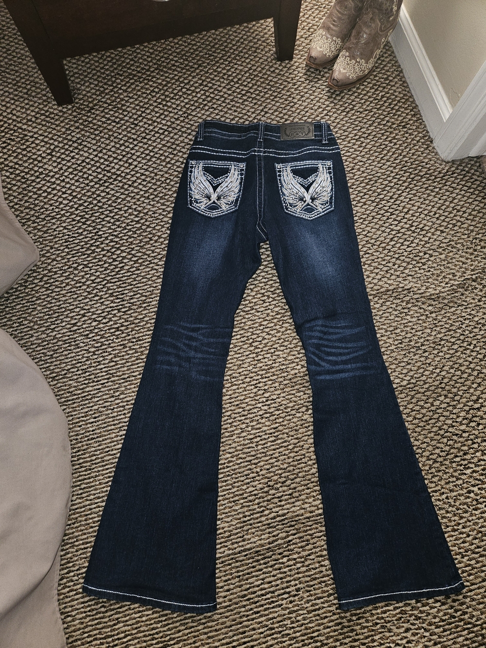 Womens Dark Wash Embroidered Pocket Flare Jeans - Dark Blue